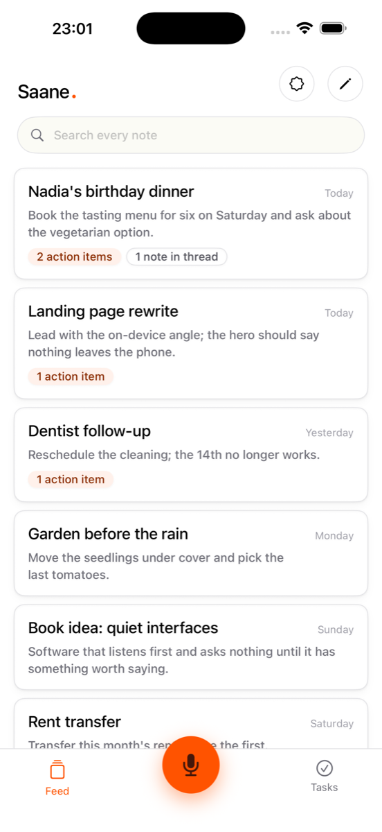 The Saane feed: voice notes with their summaries and open tasks.