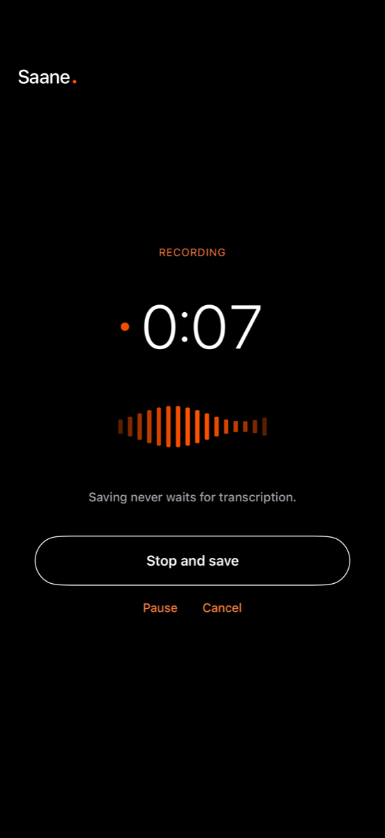 Recording a note: the timer, the waveform and the Stop and save button.
