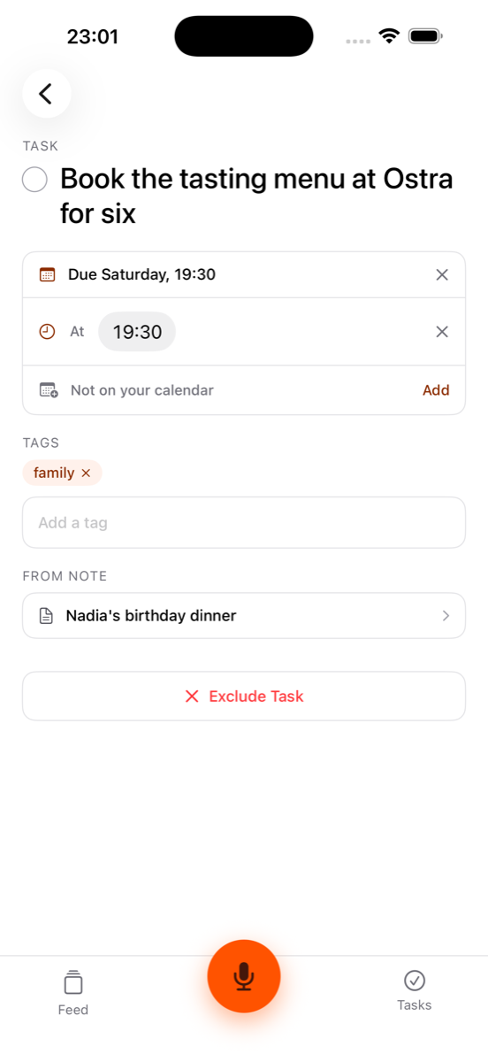 A task in Saane with its due date, its calendar event and the note it came from.