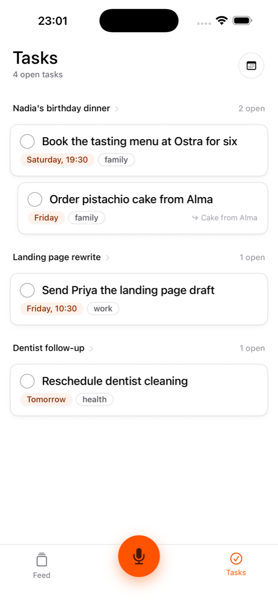 The Tasks tab: tasks grouped by the note they came from, with due dates.